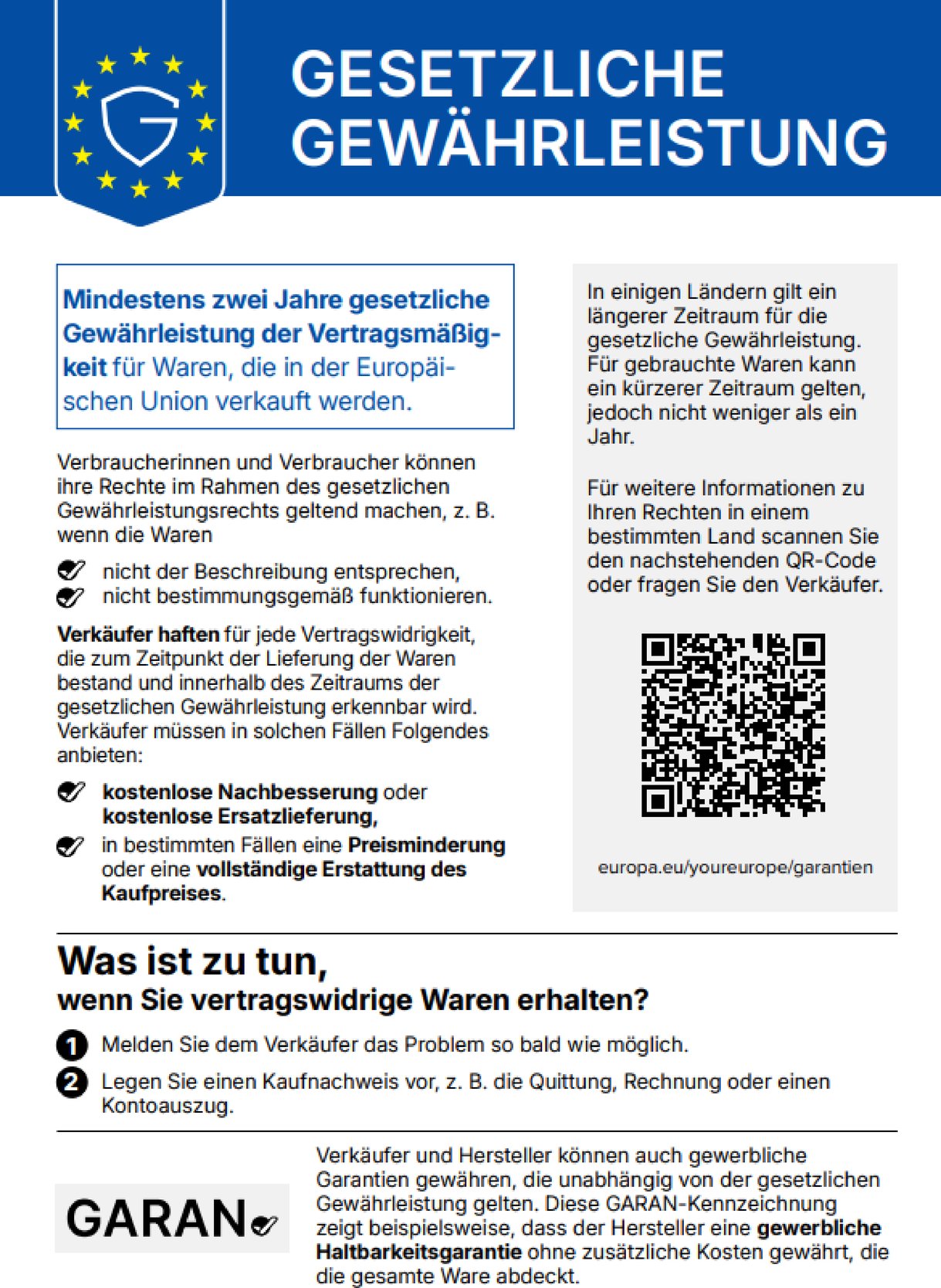 Gesetzliche Gewährleistung – EU-Garantiesiegel